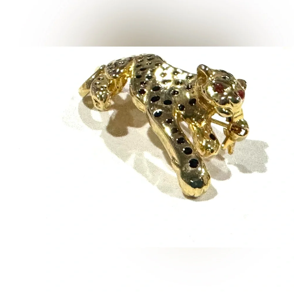Vintage Gold and Black Leopard Brooch with Red Eyes